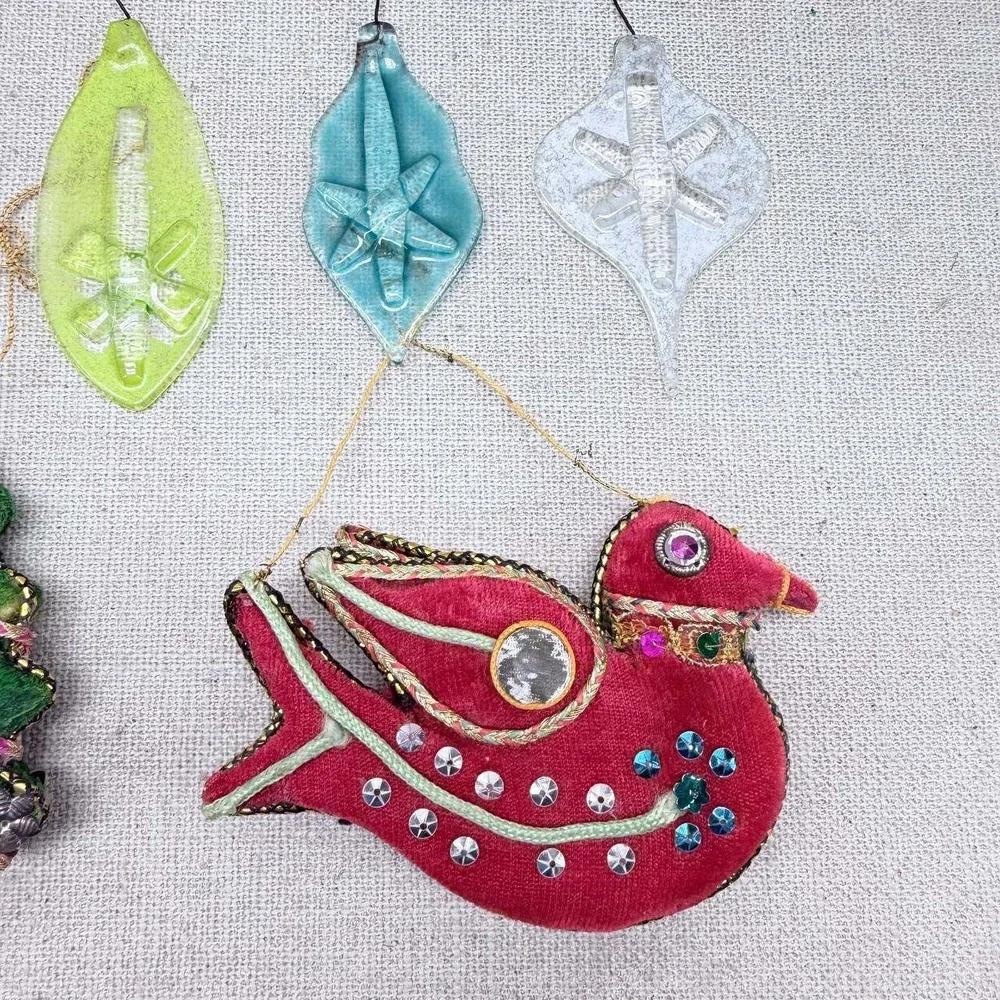 Vintage Mixed Christmas Ornaments Set 11 Velvet Sequin Resin Metal Angel Boho
